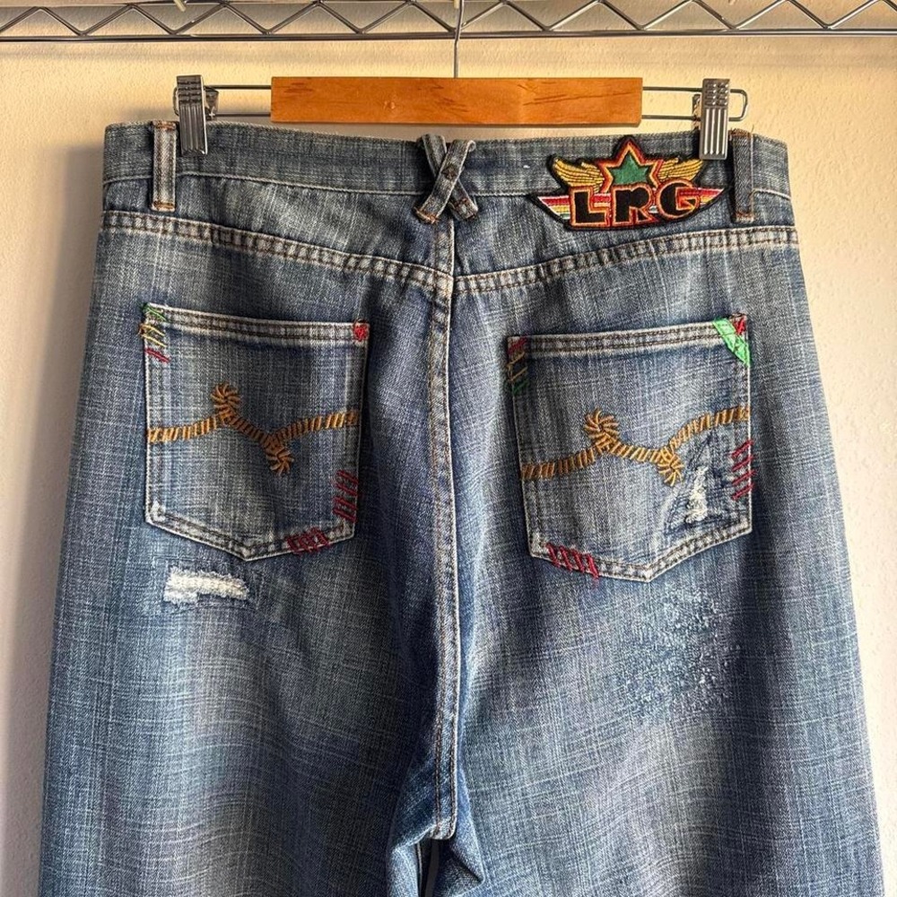LRG Y2K Wide Leg Baggy Jeans Rasta Embroidered Pockets Distressed Skater 34